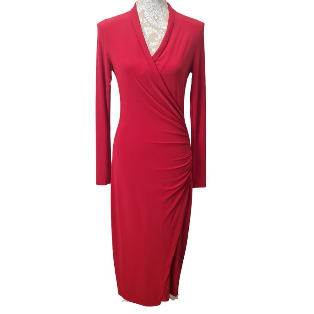 NORMA KAMALI Longsleeve Side Drape Midi Stretchy Jersey Dress Red Women S